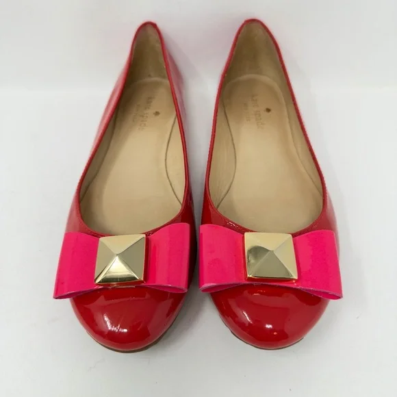 Kate Spade Patent Leather Tuila Pink Bow Flats Red Size 6.5 - Picture 2 of 11